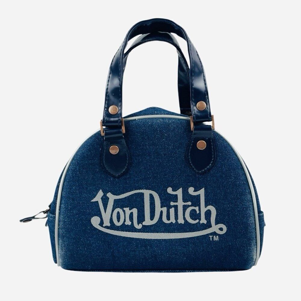 RARE Vintage 2000s Von Dutch Denim Mini Bowling Bag Purse Y2K White Trim Logo